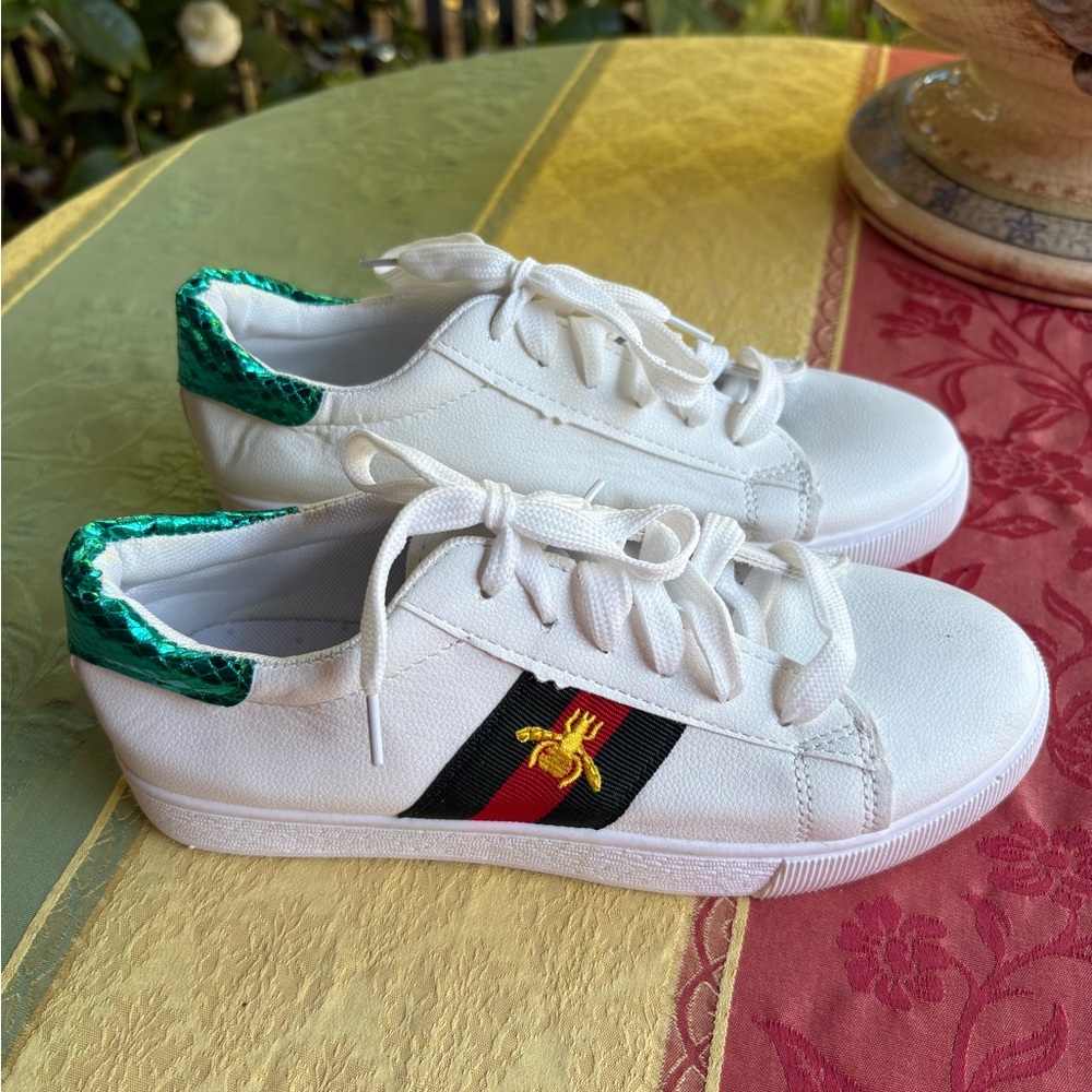 Gucci Inspired Faux White Sneakers with Green Metallic and Red Stripe Bee Detail